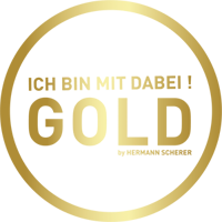 Rundes Goldsiegel mit dem Text: "Ich bin mit dabei! Gold by Hermann Scherer", das die Teilnahme am gleichnamigen Coaching-Programm bestätigt.